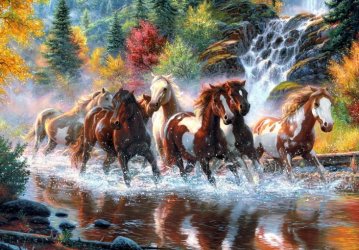 Dibujo de una manada de caballos salvajes cabalgando por un río en plena montaña