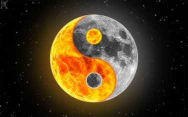 Smbolo del Ying-Yang visto como un planeta, con una parte gris y otra color fuego