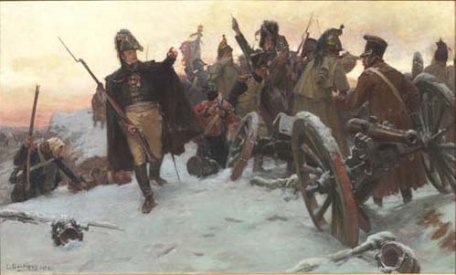 Ejército francés sobre la nieve, con uno de sus famosos cañones