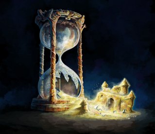 Reloj de arena roto. La arena que se ha caido forma un castillo