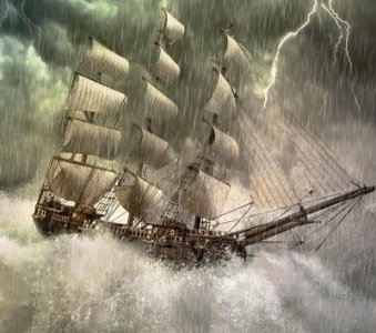 Barco antiguo en plena tempestad