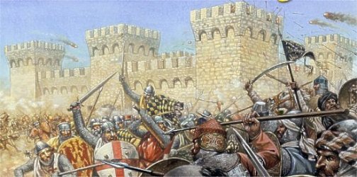 Batalla ante los muros de una fortaleza, cientos de soldados en pleno combate