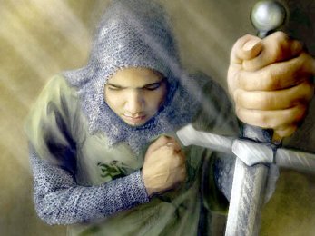 Soldado medieval de rodillas con su espada en seal de vasallaje