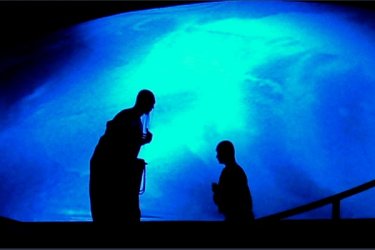 Imagen de un monje Sao-lin aleccionando a un joven discpulo. Slo se ven sus siluetas reflejadas sobre un azul nocturno