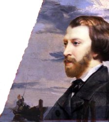 Otro retrato de Alfred De Musset, sobre un fondo en el que se ve una barca en el mar