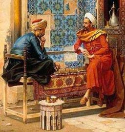 Pintura de dos árabes jugando al ajedrez