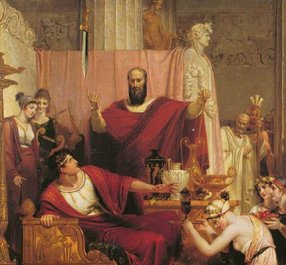 Cuadro con una escena que representa 'La espada de Damocles'