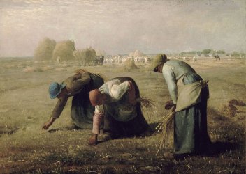 Escena en la que se ve a tres campesinas recogiendo paja del suelo. Cuadro "Las espigadoras", de Jean Francois Millet