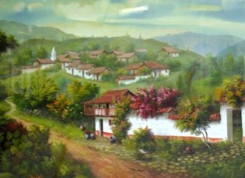 Cuadro de un pueblo situado en una colina, rodeado de árboles. En primer plano una hacienda de muros blancos y muchos árboles floridos