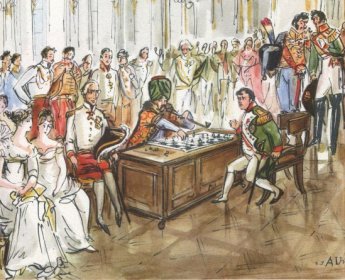 Dibujo de Napoleón ante el autómata. La partida es seguida por un gran número de cortesanos