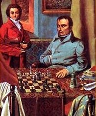 Dibujo de Napoleón ante un tablero de ajedrez