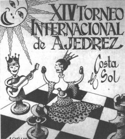 Cartel del XIV Torneo Costa del Sol. El Sol, con una sonrisa, ilumina un tablero de ajedrez donde el Rey tiene una guitarra espaola y la Dama est bailando.