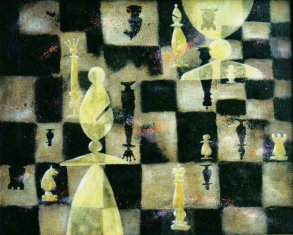 Cuadro de Keith Morant, en el que se ven piezas de ajedrez sobre un tablero mural superpuestas en distintoss planos