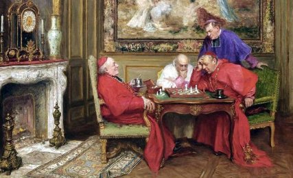 Cuadro de Henri Brispot - "La partida de ajedrez". Escena donde se ve a cuatro miembros del clero en una habitacin muy lujosa. Dos estn jugando una partida de ajedrez, mientras los otros dos observan