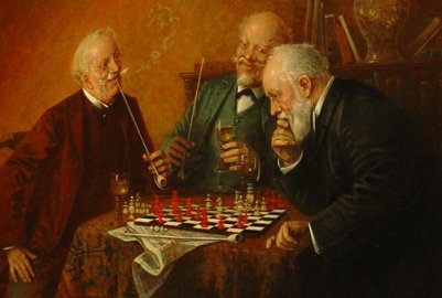 Tres hombres jugando al ajedrez