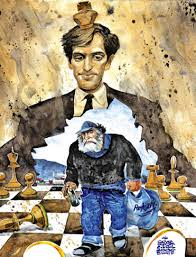 Dibujo en el que se ve a Fischer joven ante el tablero, cuadro roto al entrar en la escena el Fischer vagabundo de los años 80