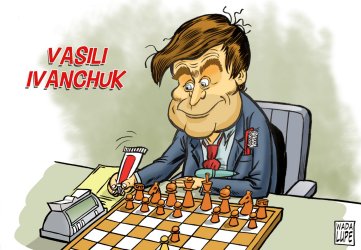 Dibujo de Ivanchuk en el que est escribiendo en la planilla con un tubo de pasta de dientes, lleva el cepillo de dientes en el bolsillo de la americana y el bolgrafo como alfiler de corbata