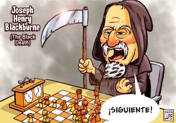 Blackburne ante el tablero con la capucha y la guadaa de la muerte