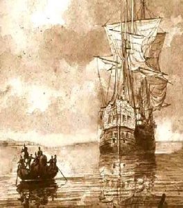 Galeón de la época. Una barca de remeros trata de llegar a él