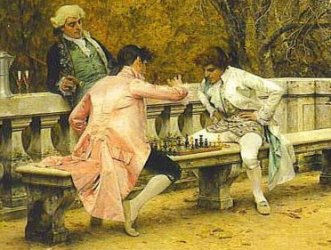 Fragmento del cuadro 'The chess game', de Charles Bargue. Escena de dos hombres de la ilustración jugando al ajedrez sentados en un banco mientras otro observa