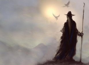 Dibujo de un mago entre unas nubes que apenas dejan entrever el sol, con dos pjaros volando por encima de su cabeza