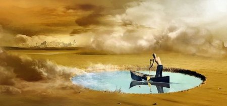 Paisaje fantasmagórico, lleno de nubes, con un hombre sobre una barca en una pequeña charca
