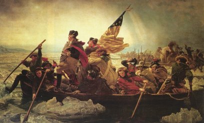Cuadro que representa como Geroge Washington cruzó el río con sus soldados a bordo de varias barcas