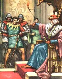 Dibujo de un rey ordenando a sus guardias que apresen a un caballero