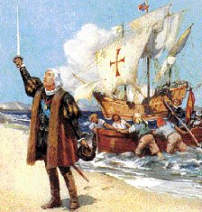 Cristobal Colón llegando al nuevo mundo, con la Santa María al fondo