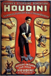 Cartel de una actuación de Houdini, en el que el artista sale encadenado sobre un fondo rojo