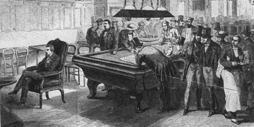 Paul Morphy jugando a la ciega, dando la espalda a su rival y al pblico