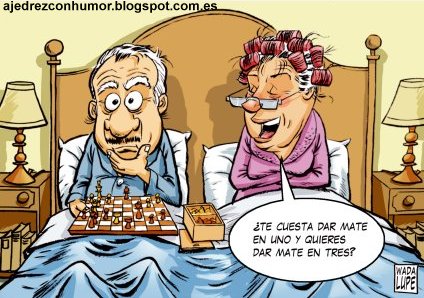 Vieta que representa a dos personas mayores en la cama. El anciano tiene un juego de ajedrez y tiene una expresin interrogativa. La anciana tiene rulos en la cabeza y unas gafas, y es la que habla