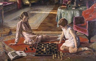Cuadro 'Las jugadores de ajedrez', de John Lavery. Dos niñas jugando al ajedrez en el suelo, a su lado un libro