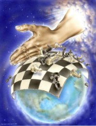 Fichas de ajedrez sobre el planeta y una mano derribndolas
