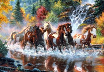 Dibujo de una manada de caballos salvajes cabalgando por un ro en plena montaa