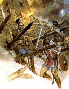 Soldados luchando al pie de una muralla de madera
