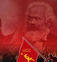 Cartel de color rojo con una multitud que ondea la bandera de la URSS. El fondo de la imagen es la cara de Marx