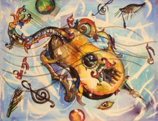 Cuadro dedicado a la msica clsica, lleno de color y de motivos musicales