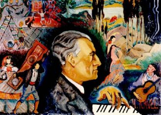Cuadro sobre Maurice Ravel en el que se puede ver al protagonista en el centro, rodeado de muchas escenas relacionadas con la msica.