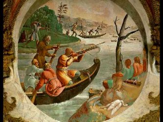 Pintura de una cacera, con los cazadores montados en canoas