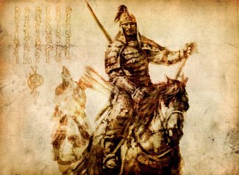 Dibujo sobre un papiro de un guerero mongol a caballo