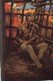 Cuadro de Don Quijote sentado dentro de una jaula de madera