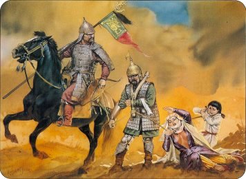 Soldados mongoles de Tamerln, uno a caballo y otro a pie, llevando presas a una mujer y una nia