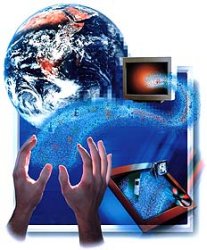 Fotografa con varias imgenes superpuestas: planeta Tierra, dos manos, una pantalla de ordenador, haz de luz...