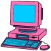 Dibujo de un ordenador de mesa de color rosa. Se ve pantalla, teclado y ratn