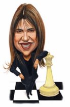 Caricatura de Zsuzsa apoyada sobre una dama de ajedrez