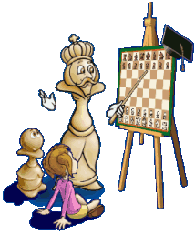 Rey de ajedrez ensea ajedrez a una nia y un pen pequeo en un tablero mural