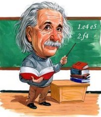 Caricatura de Einstein impartiendo clase. En la pizarra estn escritas las dos primeras jugadas del gambito de rey