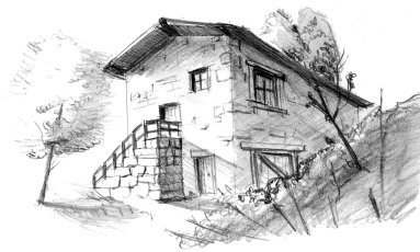 Dibujo de una casa antigua. A la entrada se accede por unas escaleras laterales de piedra con barandilla. La casa est rodeada de algunos rboles